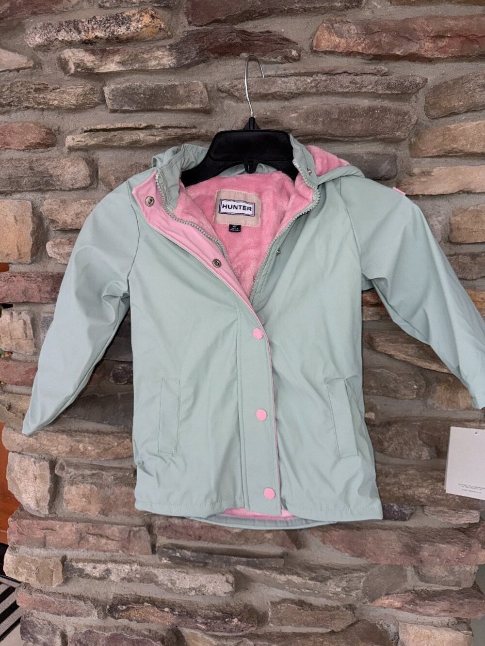 Hunter Girls Rain Jacket 4T Pale Gray Pink Fleece Lined Hooded Coat Jacket NWT